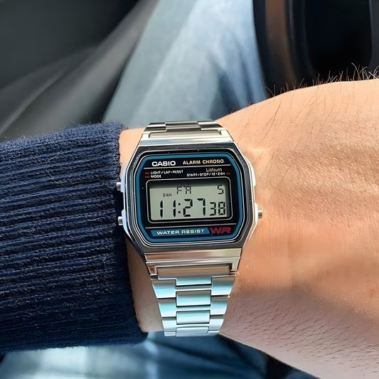 Casio Vintage A-158WA-1Q Digital Grey Dial Unisex Watch Silver Metal Strap (D011)