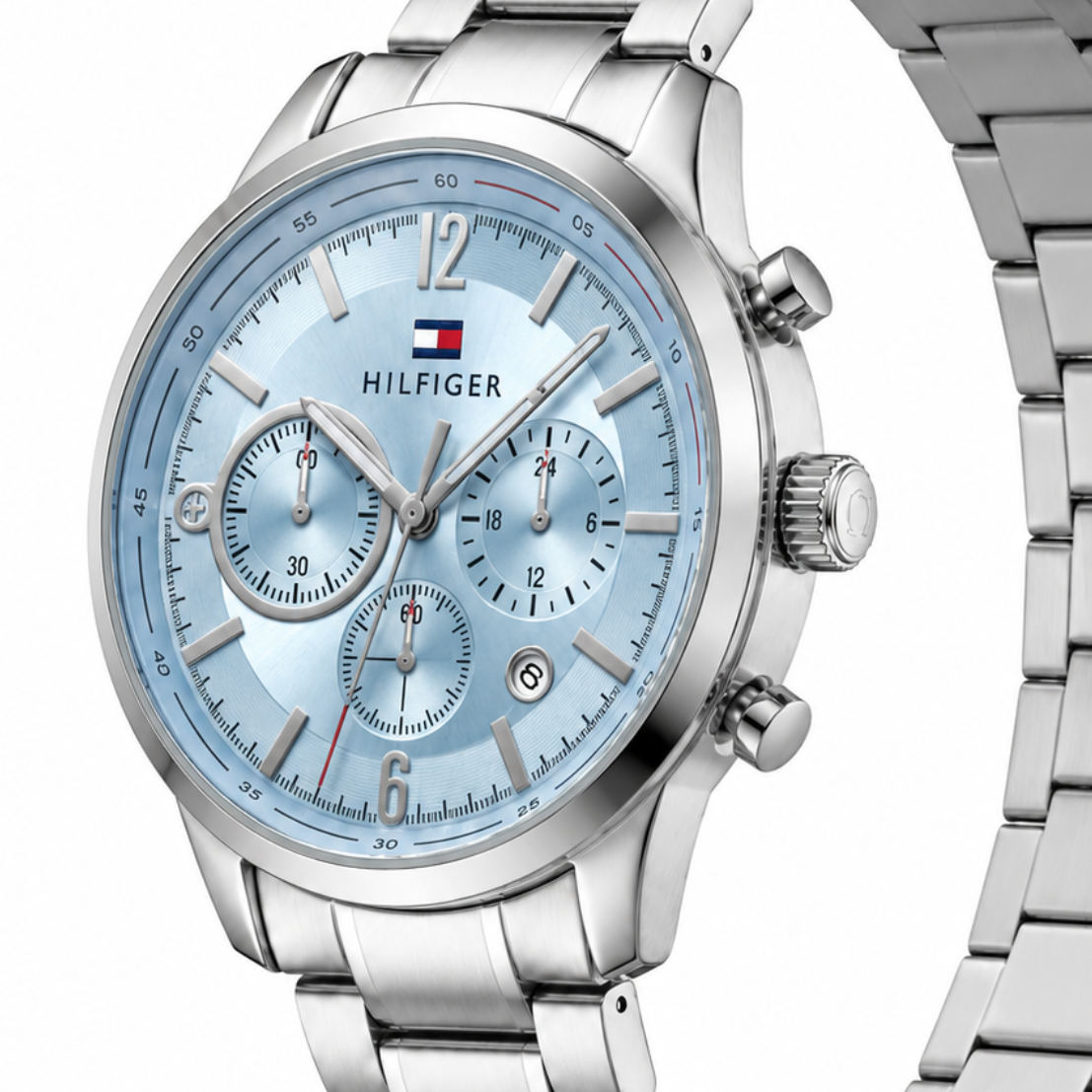 Premium Sky Blue Chronograph Analog Watch with Stainless Steel Bracelet & Date Display | Luxury Men's Wrist Watch