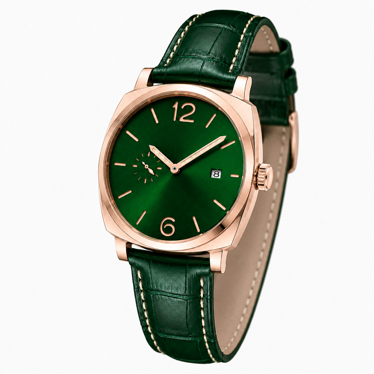 Luxury Green Dial Rose Gold Wrist Watch with Genuine Leather Strap