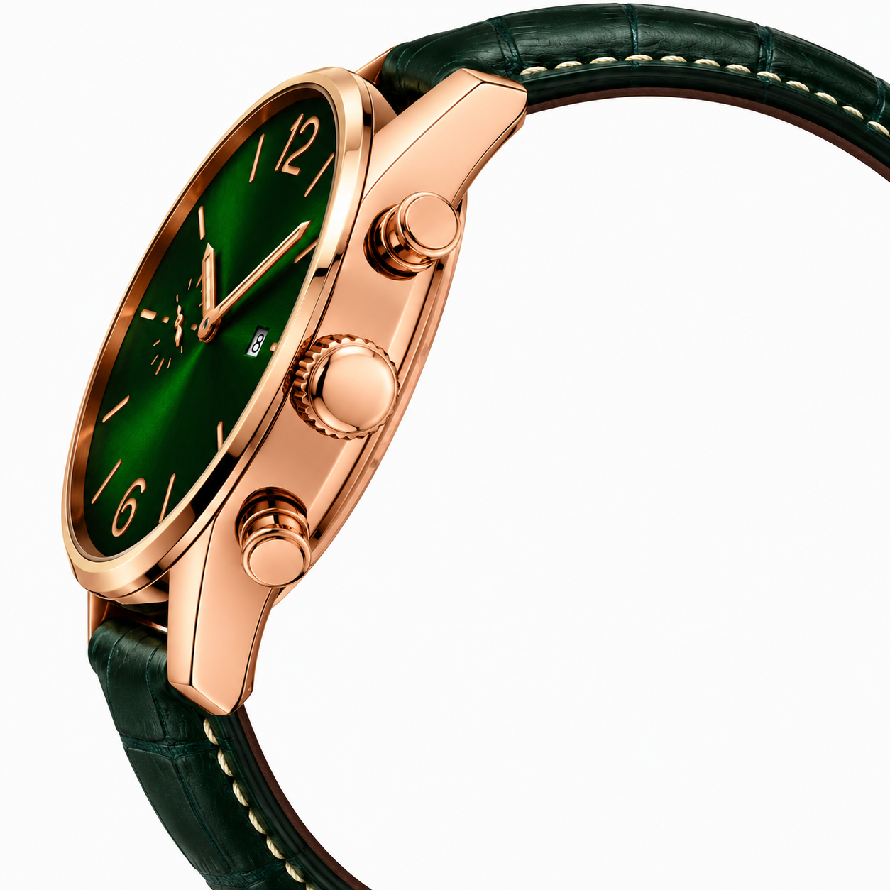 Luxury Green Dial Rose Gold Wrist Watch with Genuine Leather Strap