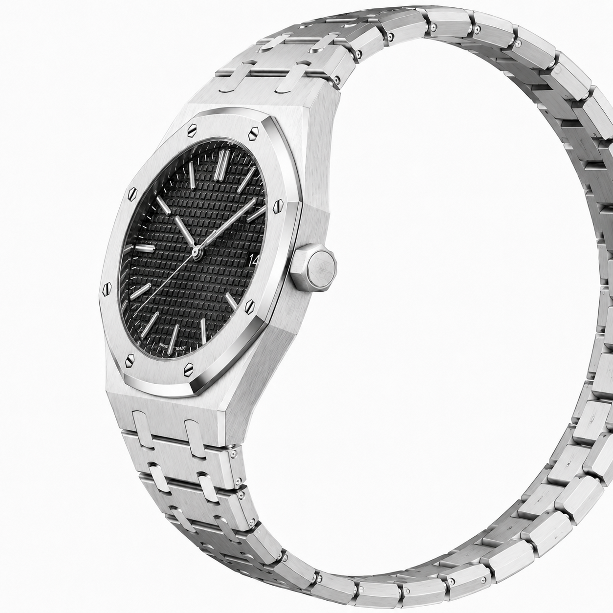 Luxury Stainless Steel Sports Watch with Textured Black Dial