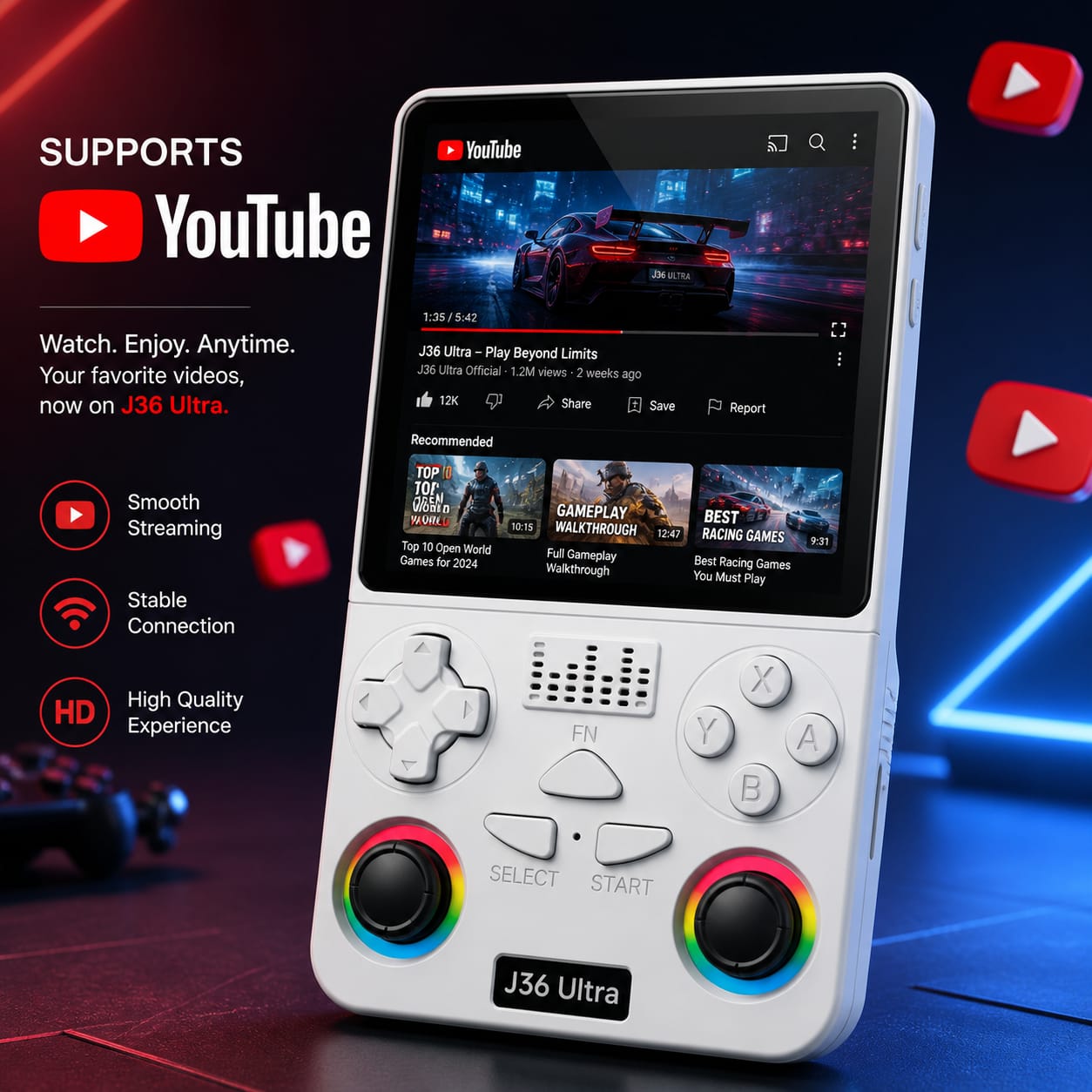 J36 Ultra All-in-One Handheld Gaming Console | 20,000+ Games Built-In | WiFi & YouTube Streaming | Portable Pocket Game Player