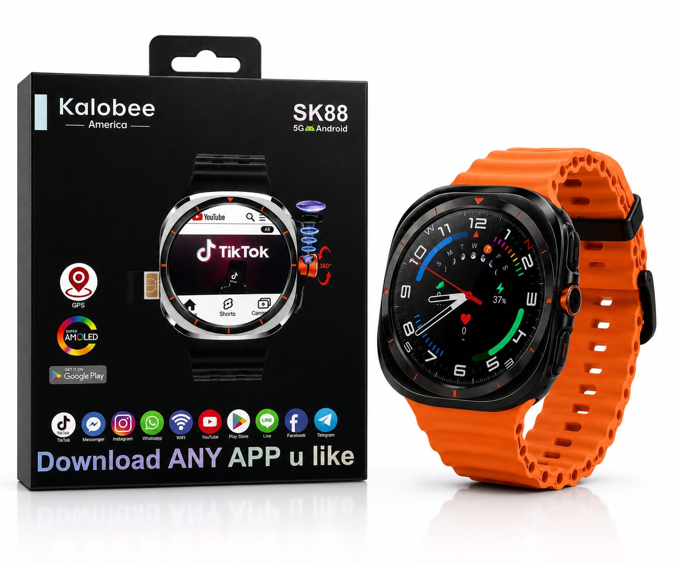 Kalobee SK88 5G Smart Watch | 8GB RAM 128GB ROM | Dual SIM + WiFi | Android Smartwatch Phone | GPS | HD Round Display