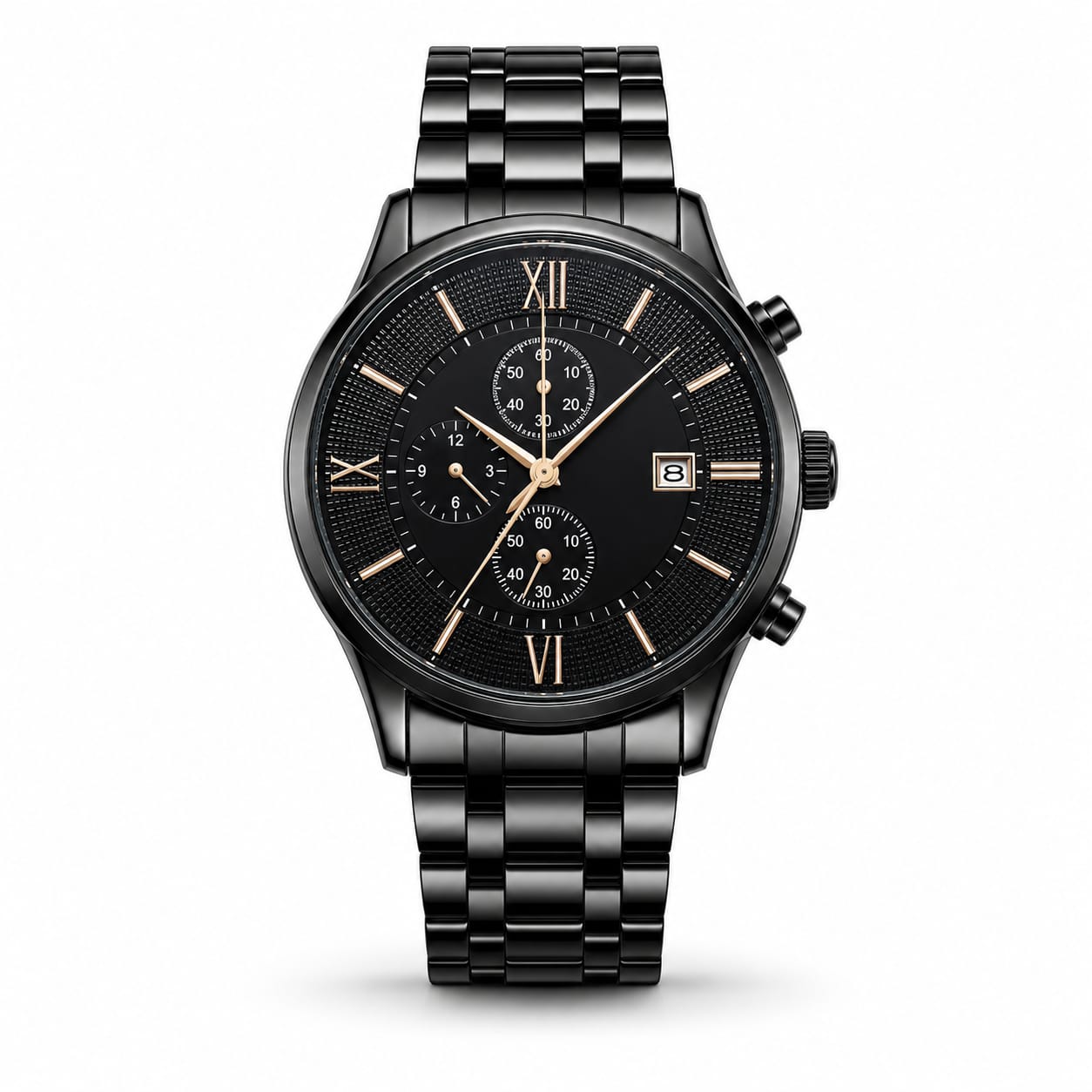 All-Black Stainless Steel Chronograph with Rose Gold Accents