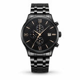All-Black Stainless Steel Chronograph with Rose Gold Accents
