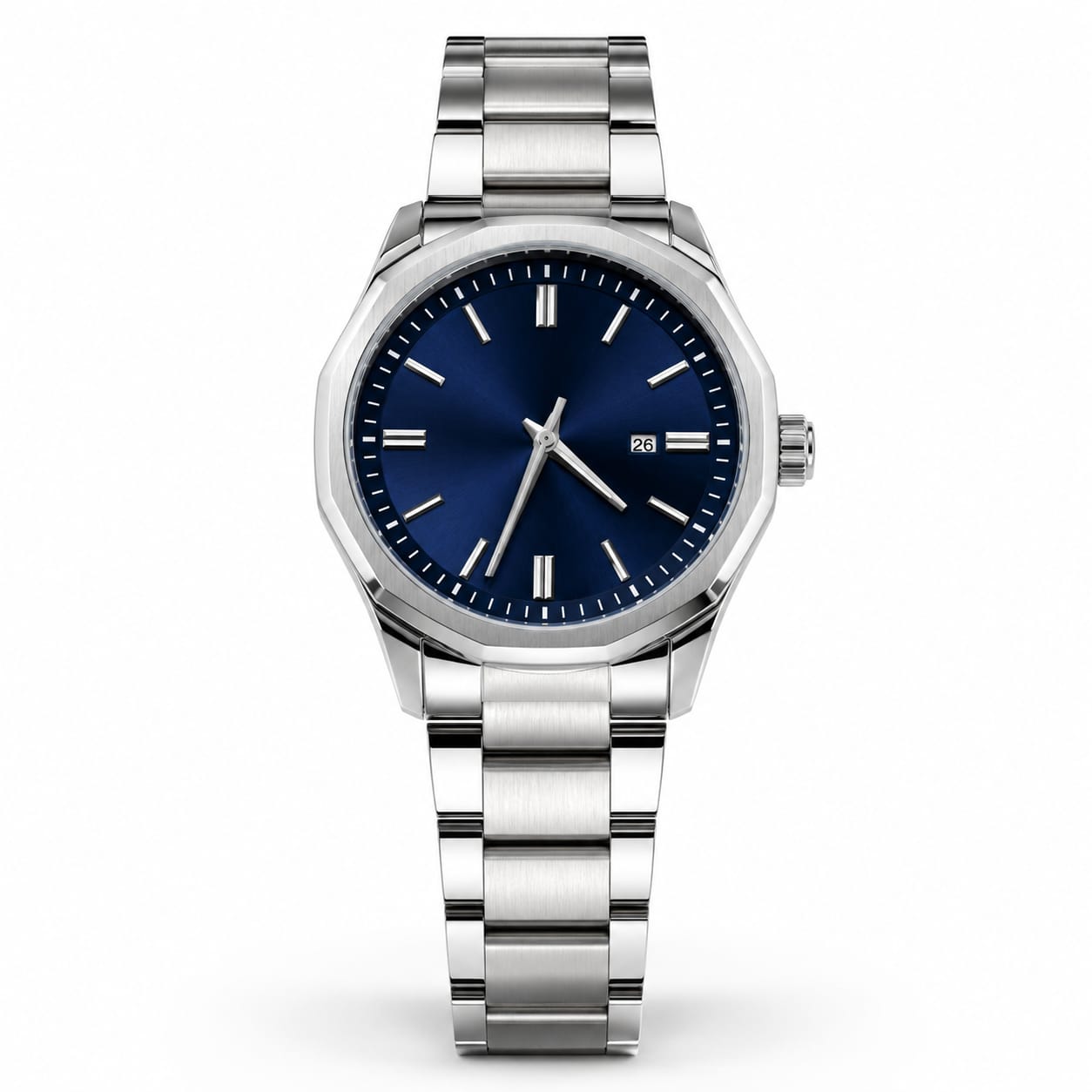 Classic Stainless Steel Men's Watch with Deep Blue Dial