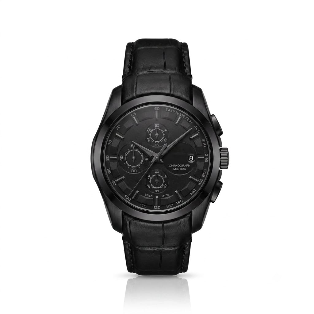 All-Black Executive Chronograph Watch with Alligator Leather Strap