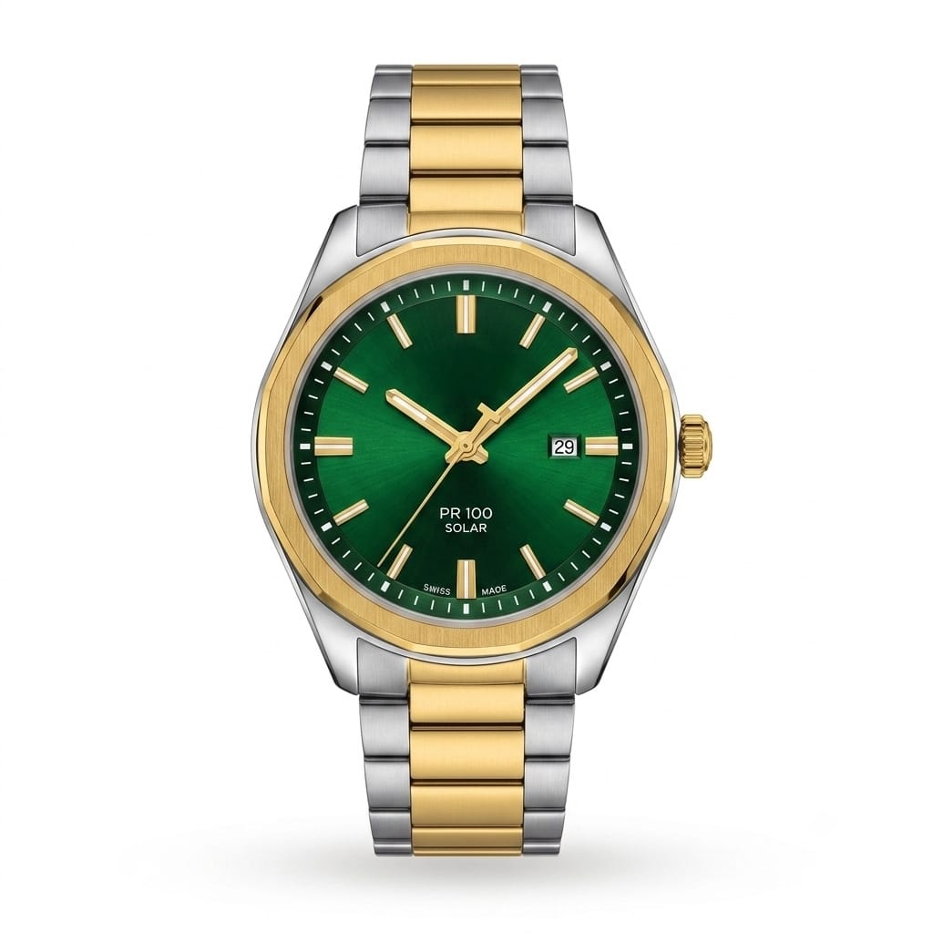 Two-Tone Luxury Solar Watch with Emerald Green Sunray Dial