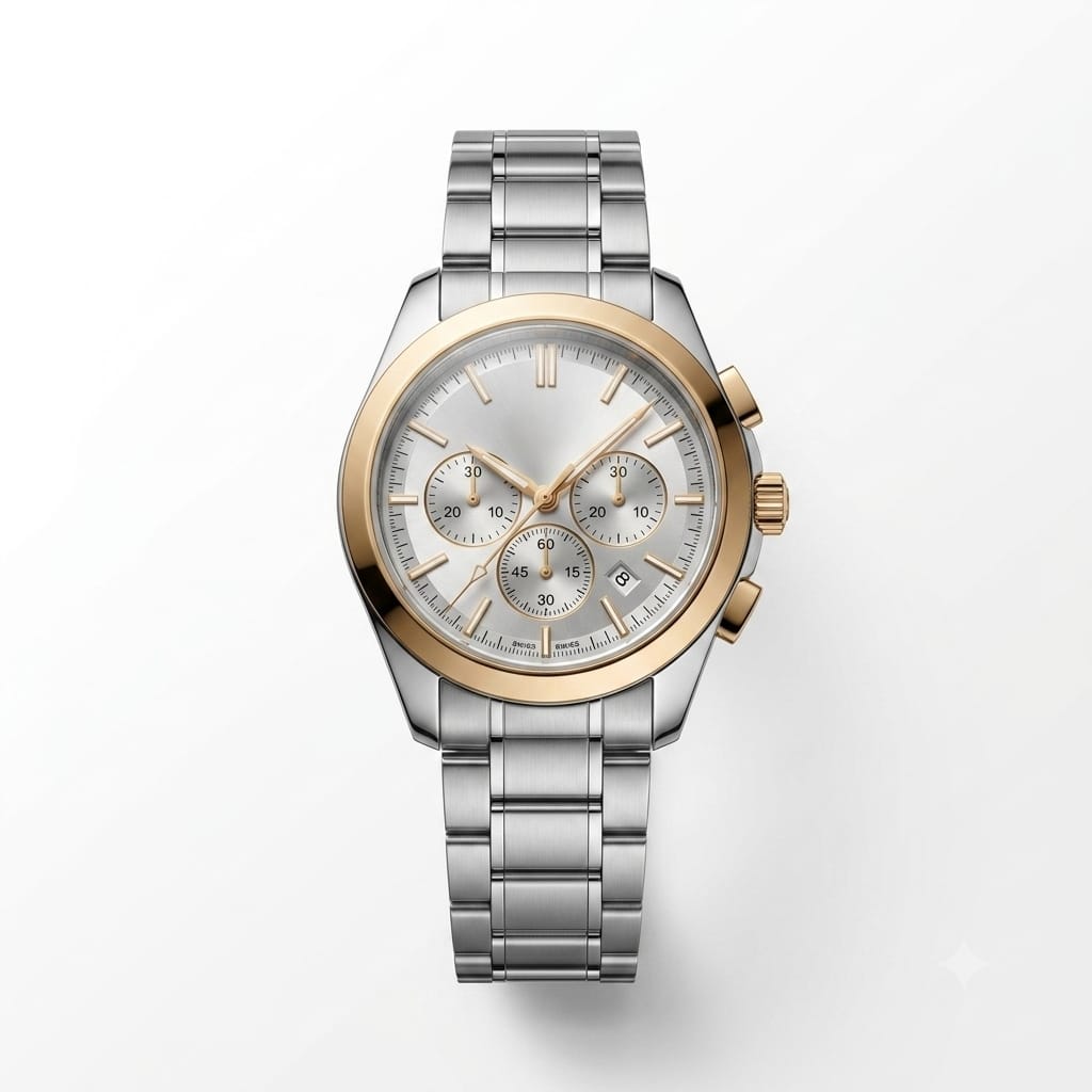 Two-Tone Chronograph Watch with Silver Dial and Rose Gold Accents