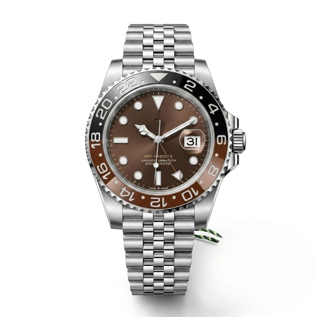 Premium Stainless Steel Dual-Time Watch with Brown Dial and Bi-Color Bezel