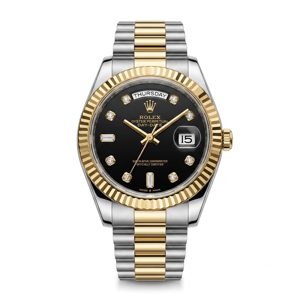 Premium Two-Tone Day & Date Analog Watch with Black Dial & Stainless Steel Bracelet | Luxury Men's Wrist Watch