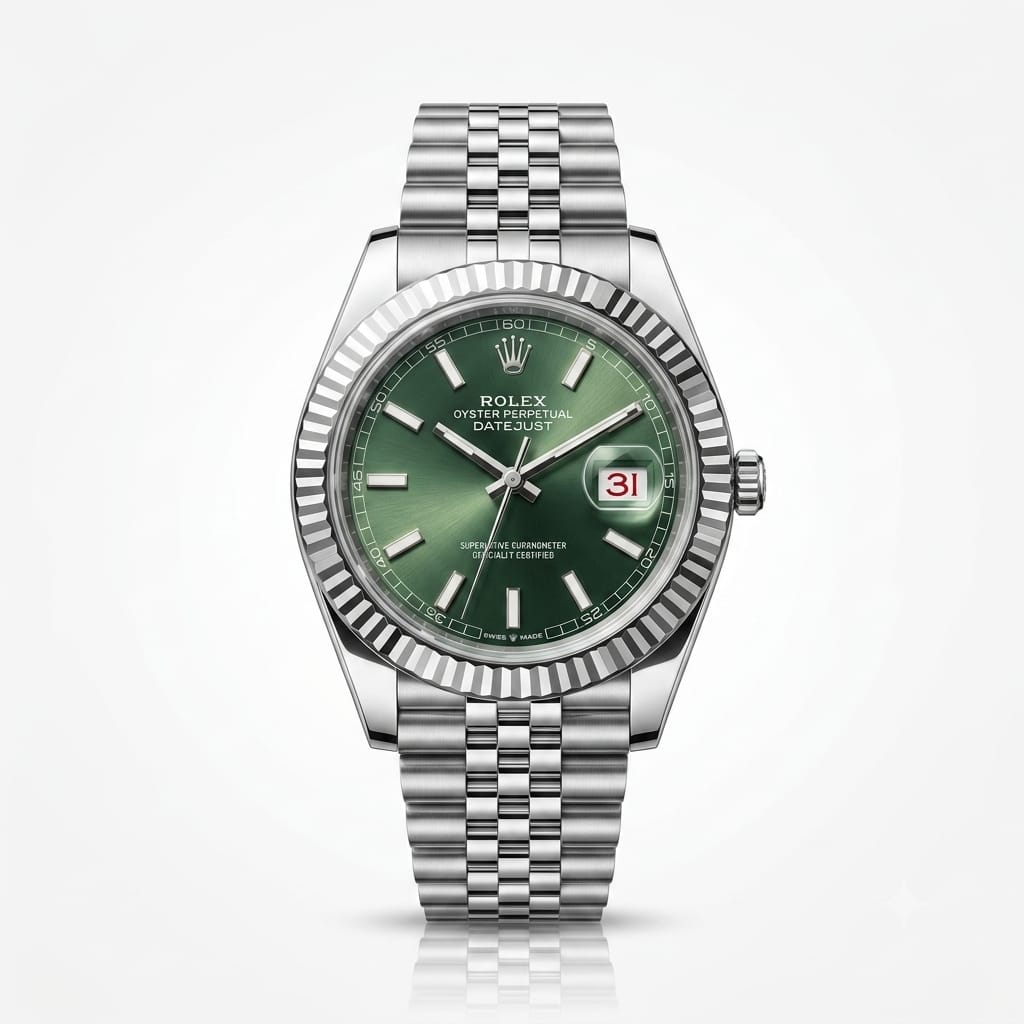 Premium Green Dial Analog Watch with Stainless Steel Jubilee Bracelet & Date Display | Luxury Men's Wrist Watch