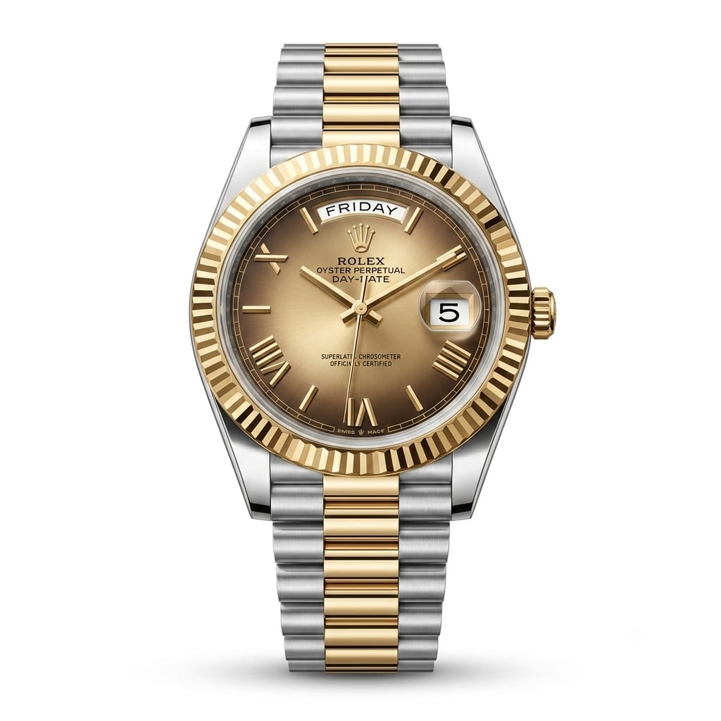 Premium Two-Tone Day & Date Analog Watch with Champagne Dial & Stainless Steel Bracelet | Luxury Men's Wrist Watch