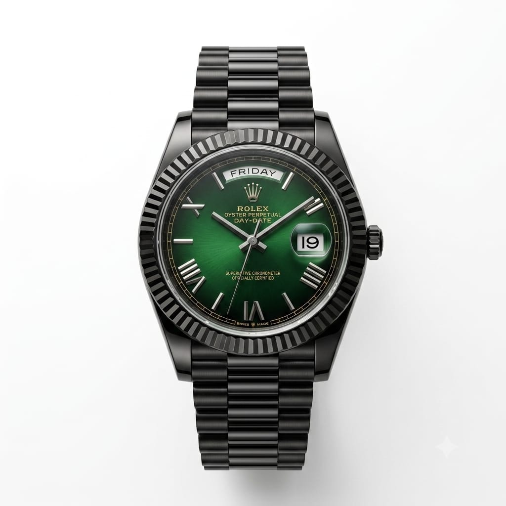 Premium Black Day & Date Analog Watch with Green Dial & Stainless Steel Bracelet | Luxury Men's Wrist Watch
