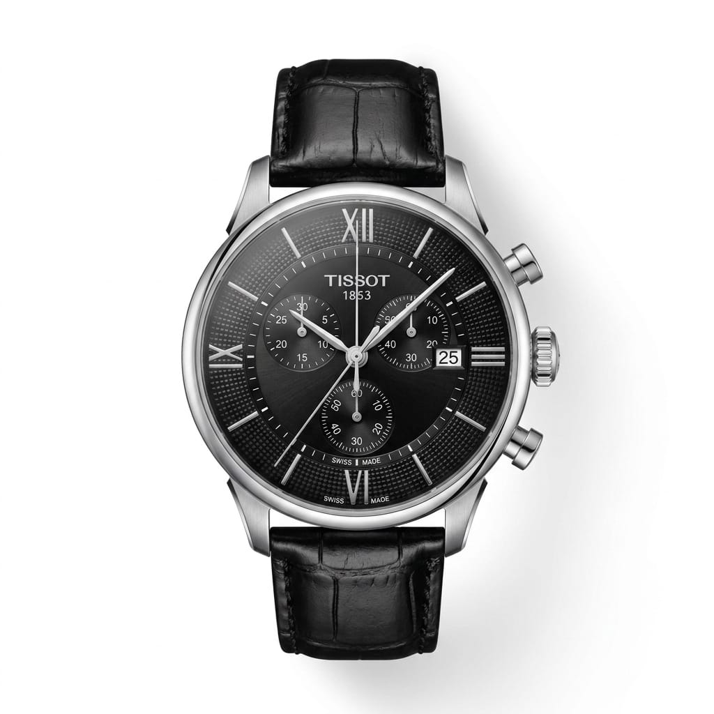 Premium Black Leather Chronograph Analog Watch with Stainless Steel Case & Date Display | Luxury Men's Wrist Watch