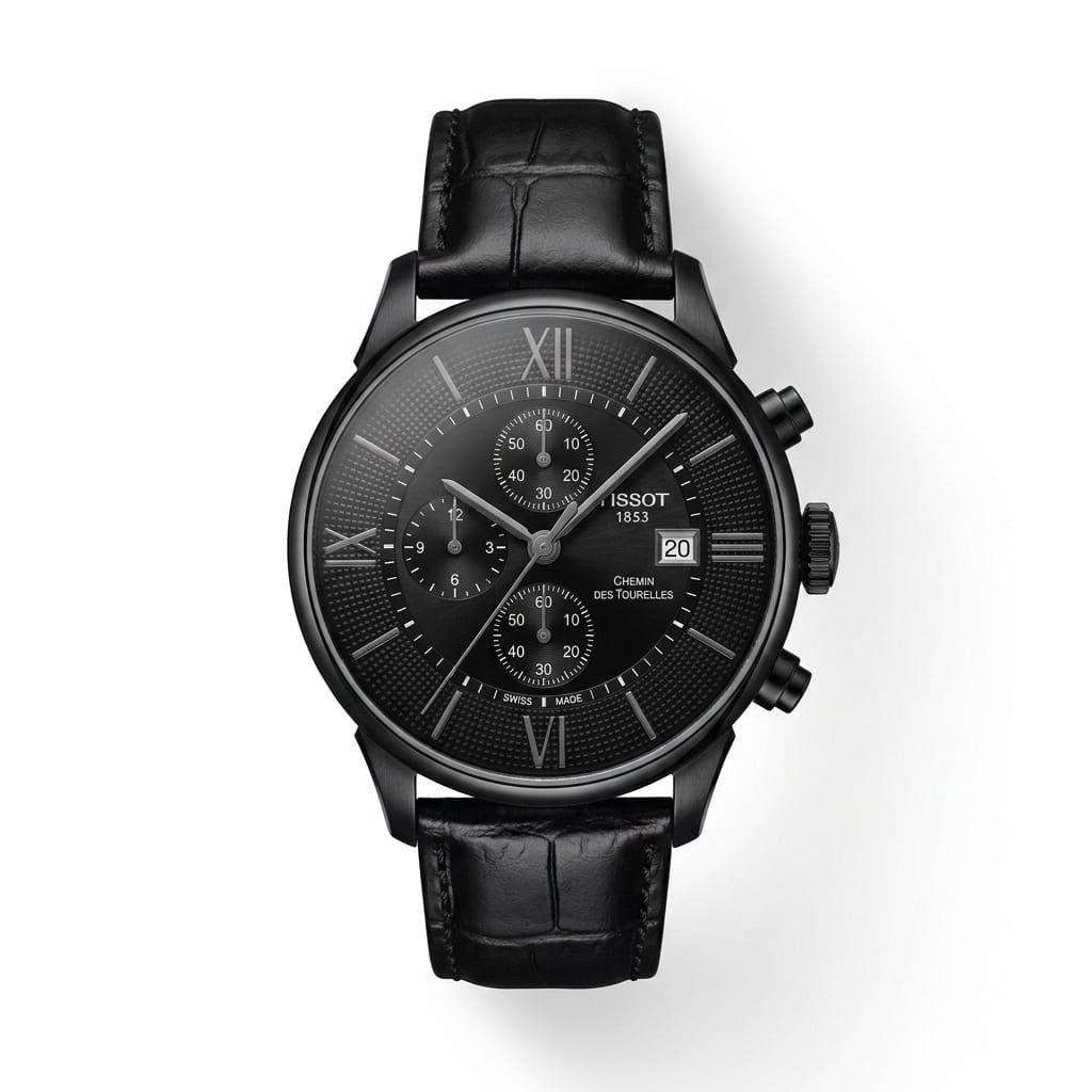 Premium All-Black Chronograph Analog Watch with Leather Strap & Date Display | Luxury Men's Wrist Watch