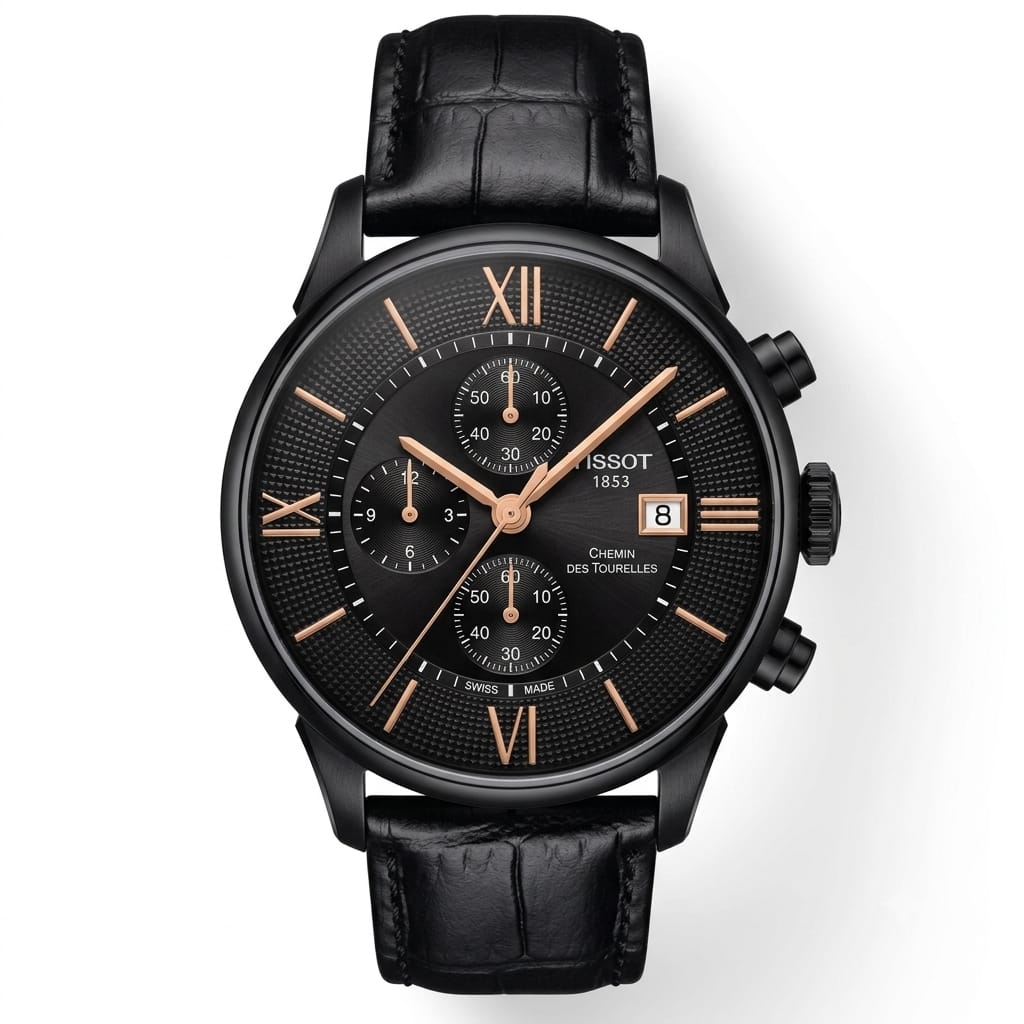Premium All-Black Chronograph Analog Watch with Rose Gold Accents & Leather Strap | Luxury Men's Wrist Watch