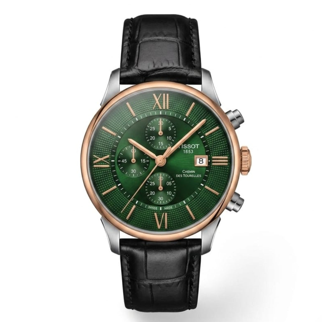 Premium Green Chronograph Analog Watch with Black Leather Strap & Rose Gold Bezel | Luxury Men's Wrist Watch