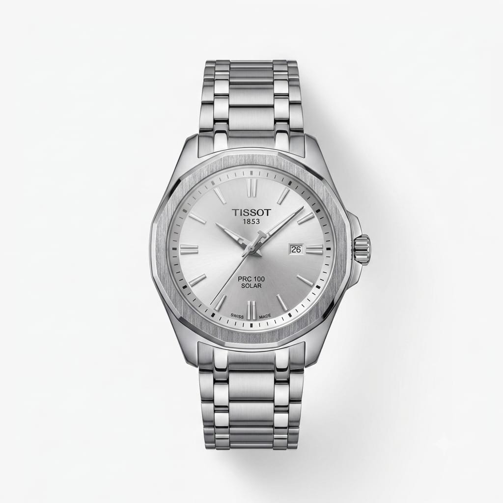 Premium Silver Stainless Steel Solar Powered Analog Watch with Date Display | Classic Men's Wrist Watch