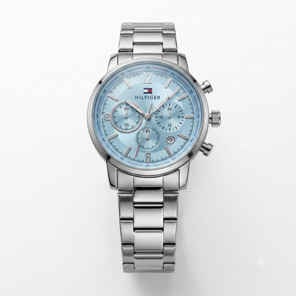 Premium Sky Blue Chronograph Analog Watch with Stainless Steel Bracelet & Date Display | Luxury Men's Wrist Watch