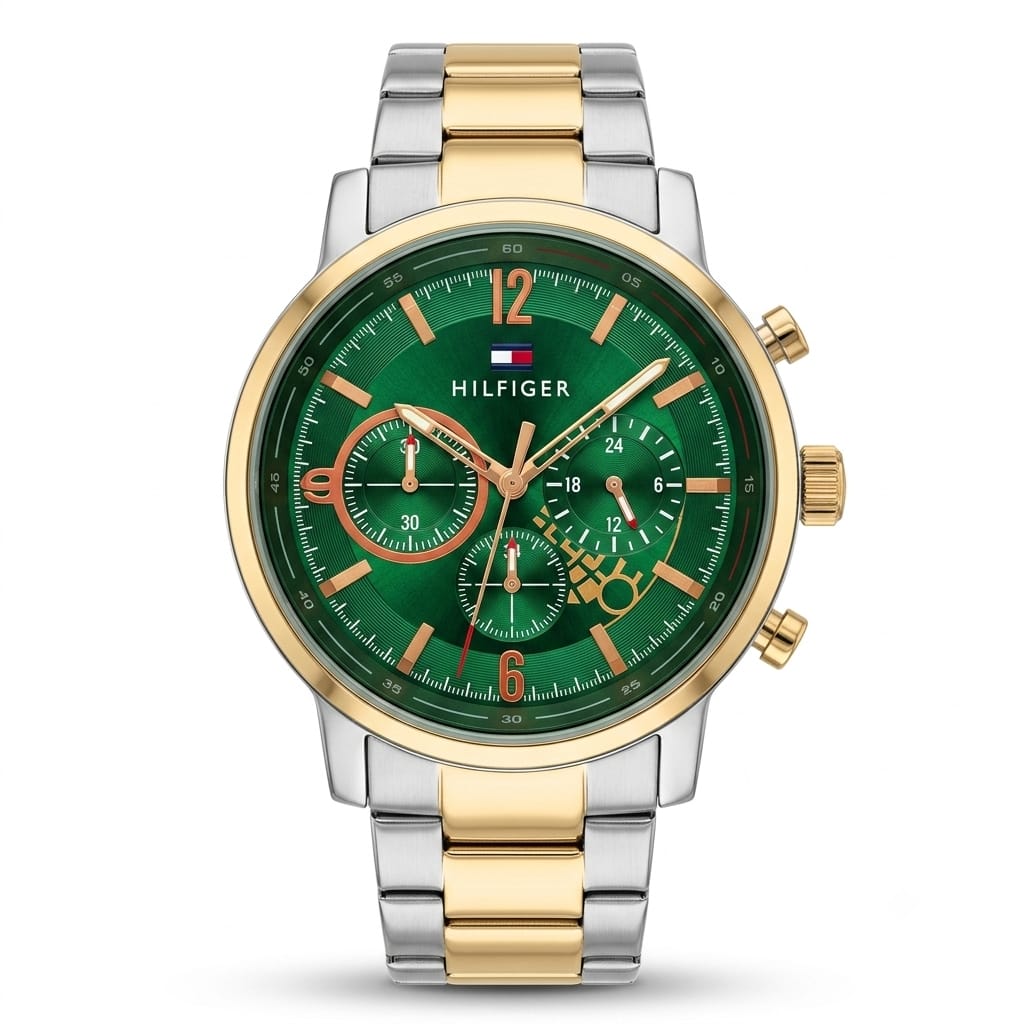 Premium Two-Tone Green Chronograph Analog Watch with Stainless Steel Bracelet & Date Display | Luxury Men's Wrist Watch