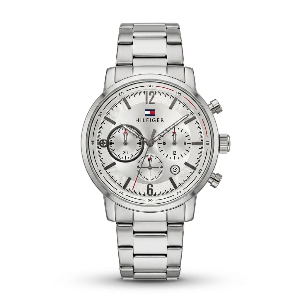 Premium Silver Chronograph Analog Watch with Stainless Steel Bracelet & Date Display | Luxury Men's Wrist Watch