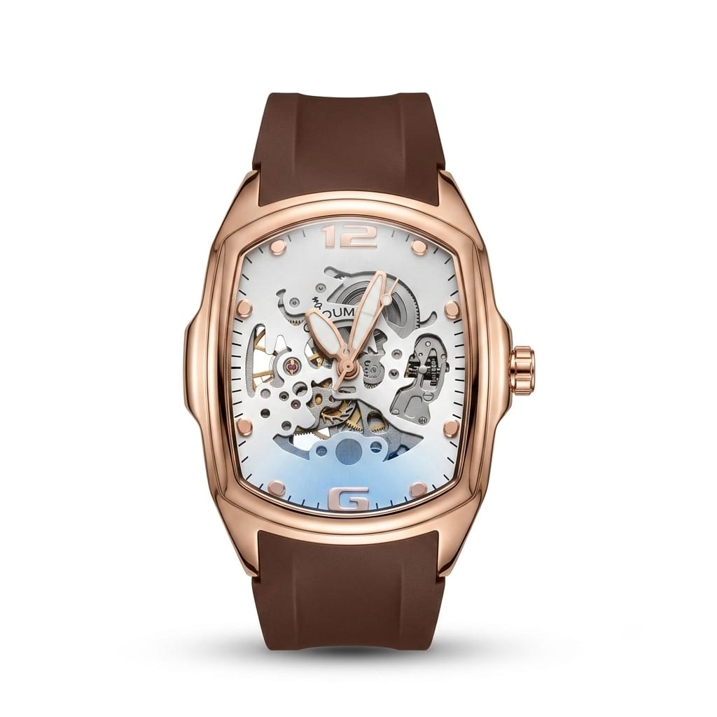 Premium Rose Gold Skeleton Automatic Watch with Brown Silicone Strap | Luxury Mechanical Men's Wrist Watch