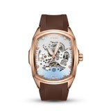 Premium Rose Gold Skeleton Automatic Watch with Brown Silicone Strap | Luxury Mechanical Men's Wrist Watch