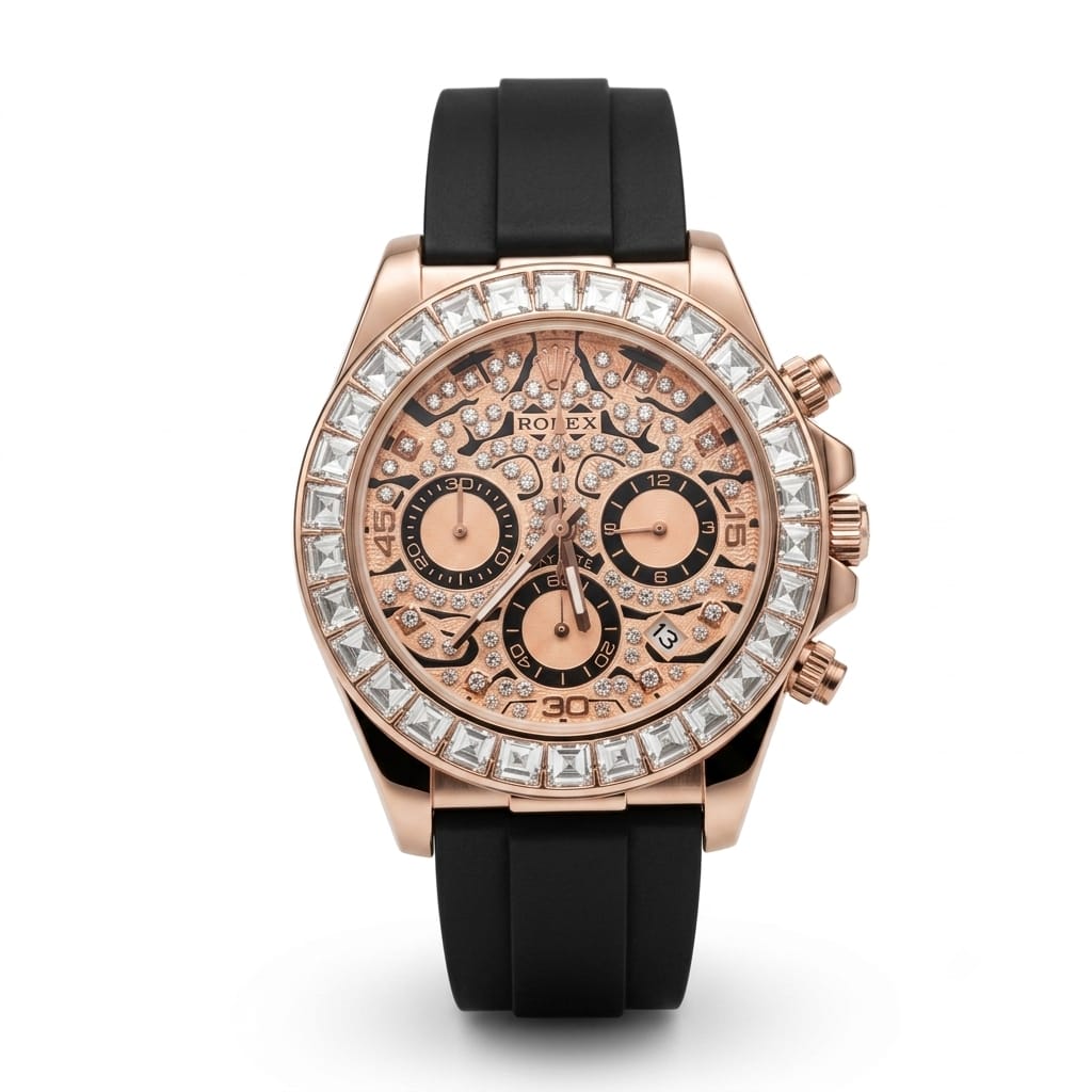 Premium Rose Gold Diamond-Style Chronograph Watch with Black Silicone Strap | Luxury Men's Analog Wrist Watch