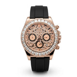 Premium Rose Gold Diamond-Style Chronograph Watch with Black Silicone Strap | Luxury Men's Analog Wrist Watch