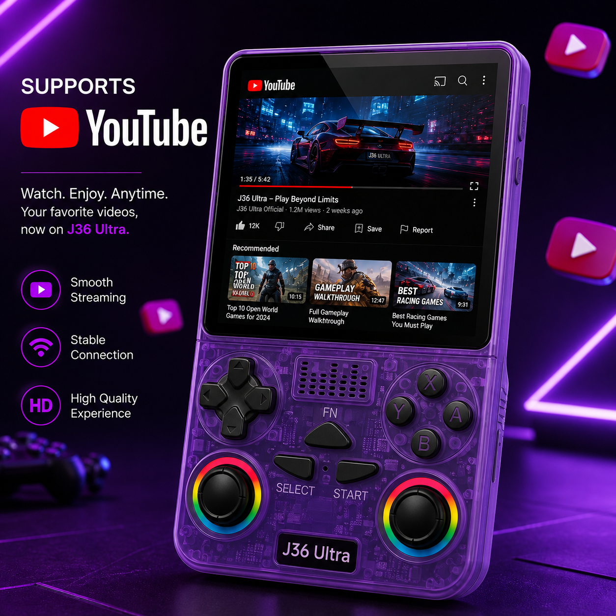 J36 Ultra All-in-One Handheld Gaming Console | 20,000+ Games Built-In | WiFi & YouTube Streaming | Portable Pocket Game Player