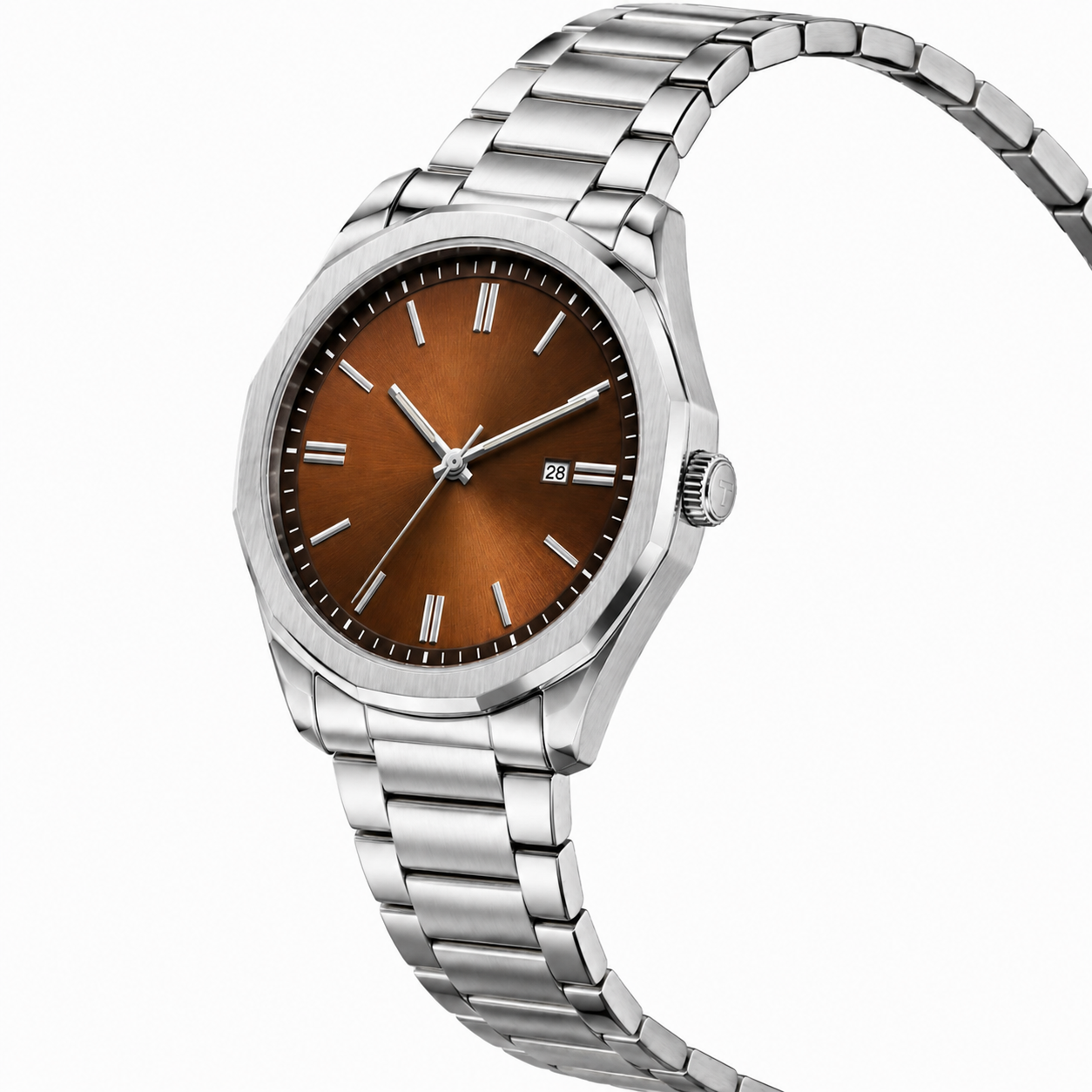 Premium Stainless Steel Analog Watch with Brown Sunburst Dial & Date Display | Classic Men's Wrist Watch