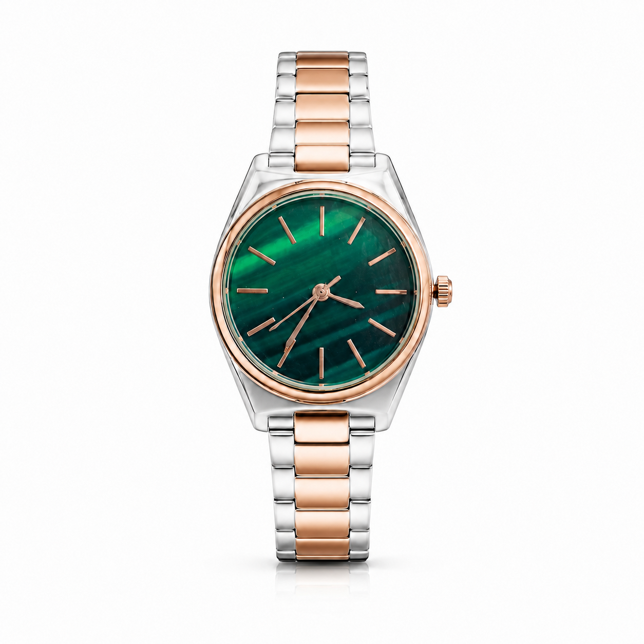 Elegant Two-Tone Analog Watch with Emerald Green Dial