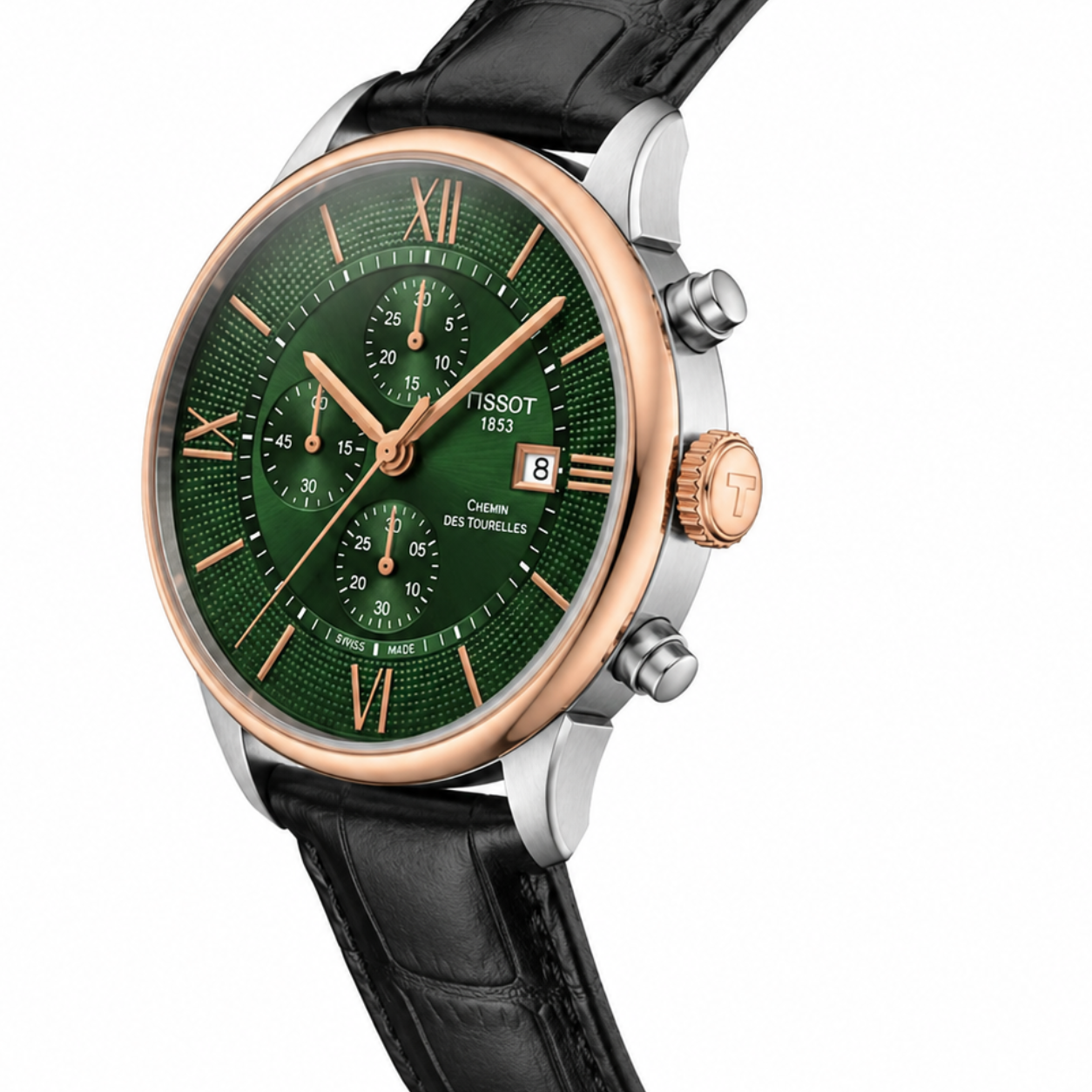 Premium Green Chronograph Analog Watch with Black Leather Strap & Rose Gold Bezel | Luxury Men's Wrist Watch