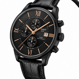 Premium All-Black Chronograph Analog Watch with Rose Gold Accents & Leather Strap | Luxury Men's Wrist Watch