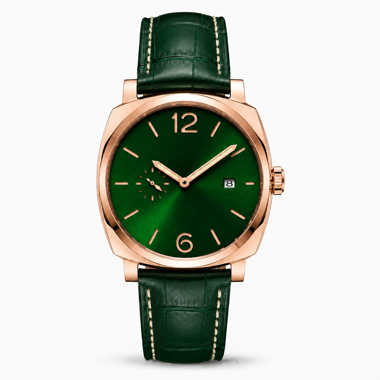 Luxury Green Dial Rose Gold Wrist Watch with Genuine Leather Strap