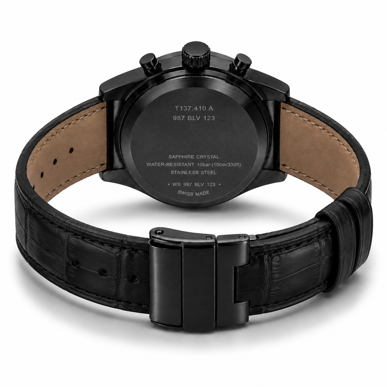 All-Black Executive Chronograph Watch with Alligator Leather Strap