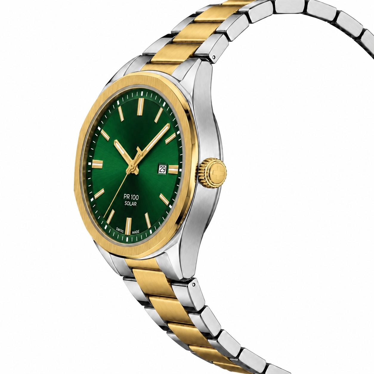Two-Tone Luxury Solar Watch with Emerald Green Sunray Dial