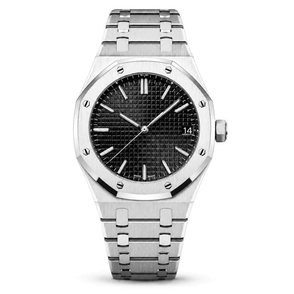 Luxury Stainless Steel Sports Watch with Textured Black Dial