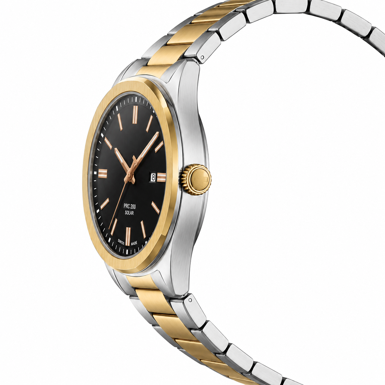 Luxury Two-Tone Solar-Powered Stainless Steel Watch with Black Dial
