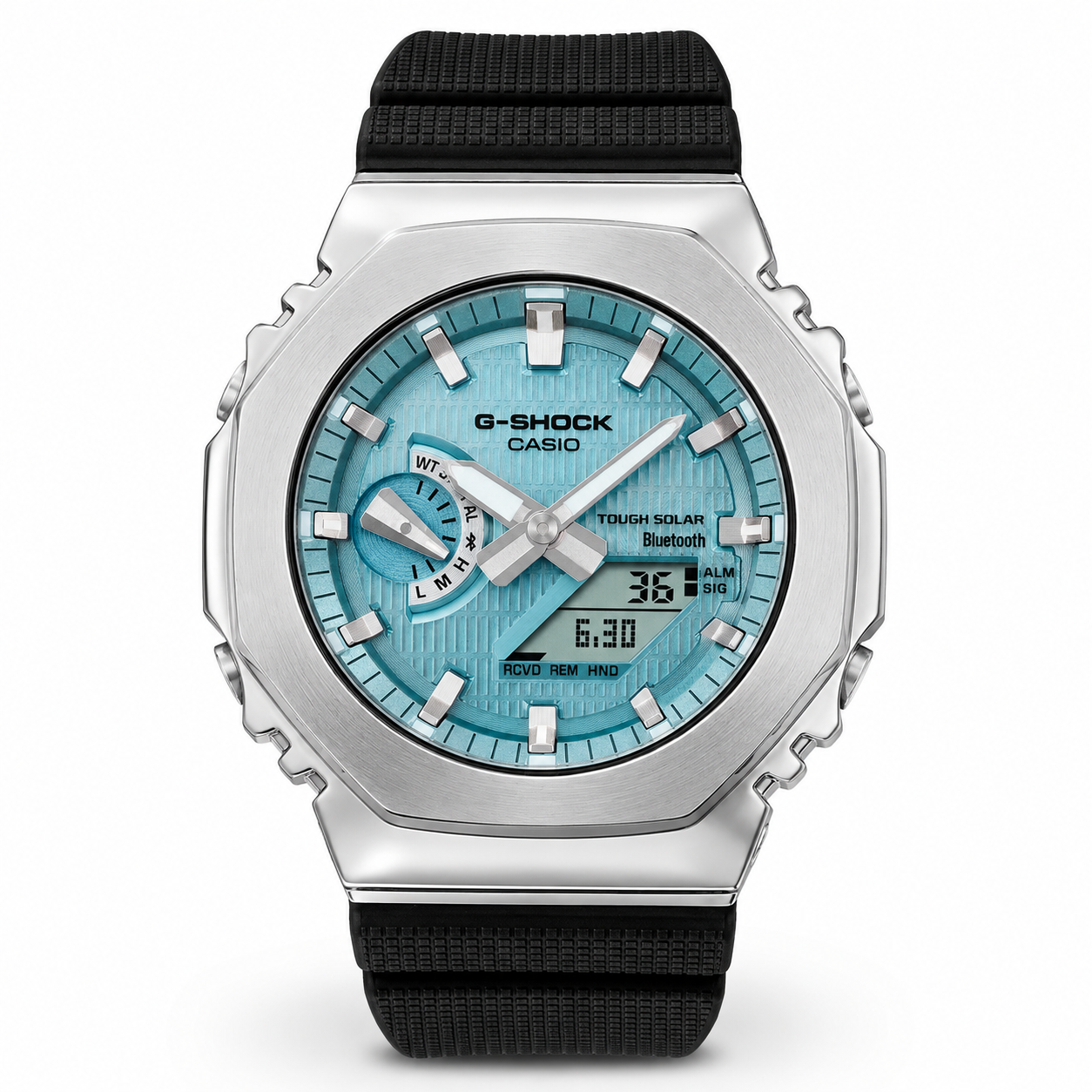 Premium Analog Watch – Silver Case with Aqua Blue Dial