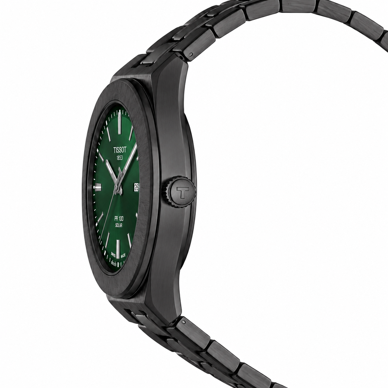 Classic Solar-Powered Black Stainless Steel Watch with Emerald Green Dial