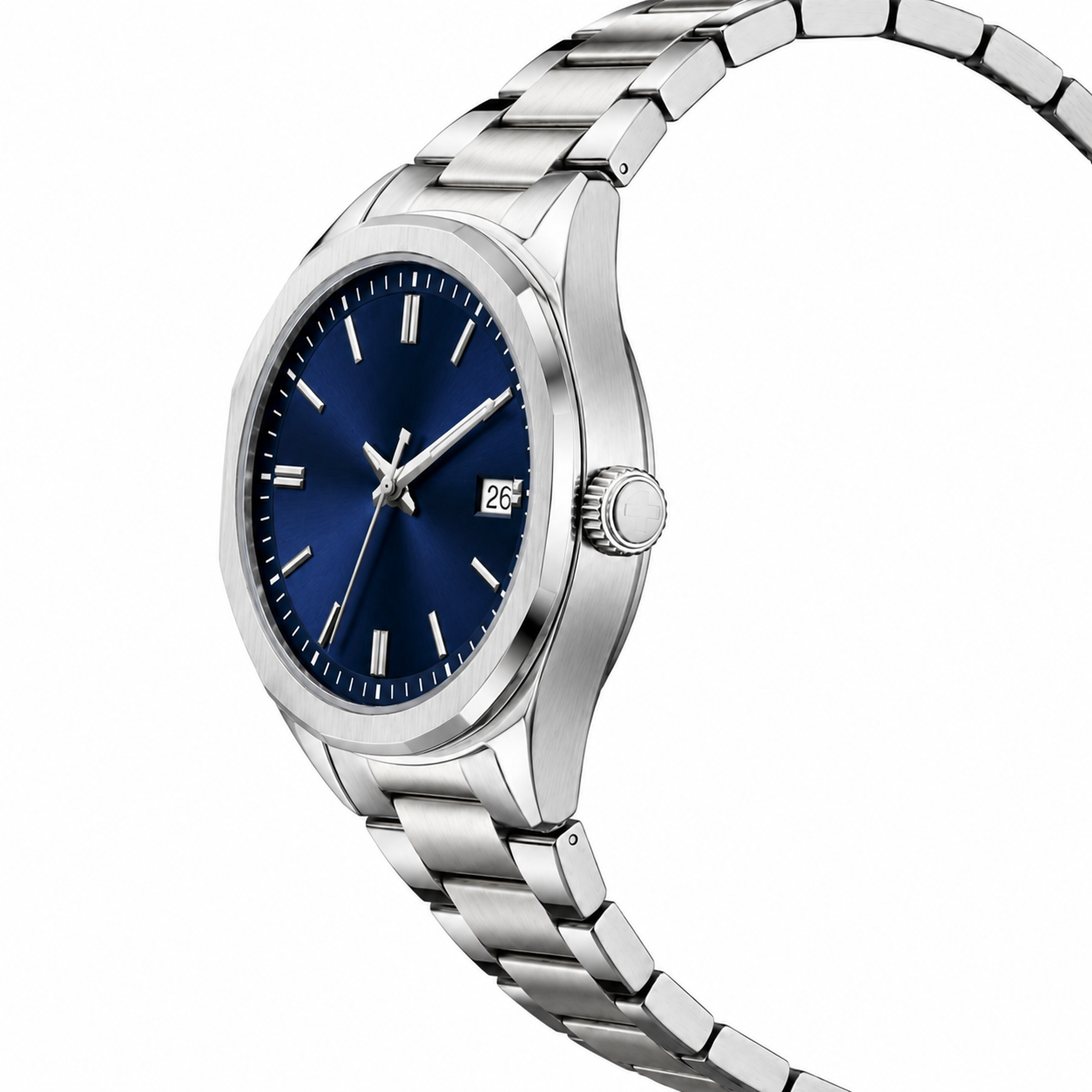 Classic Stainless Steel Men's Watch with Deep Blue Dial