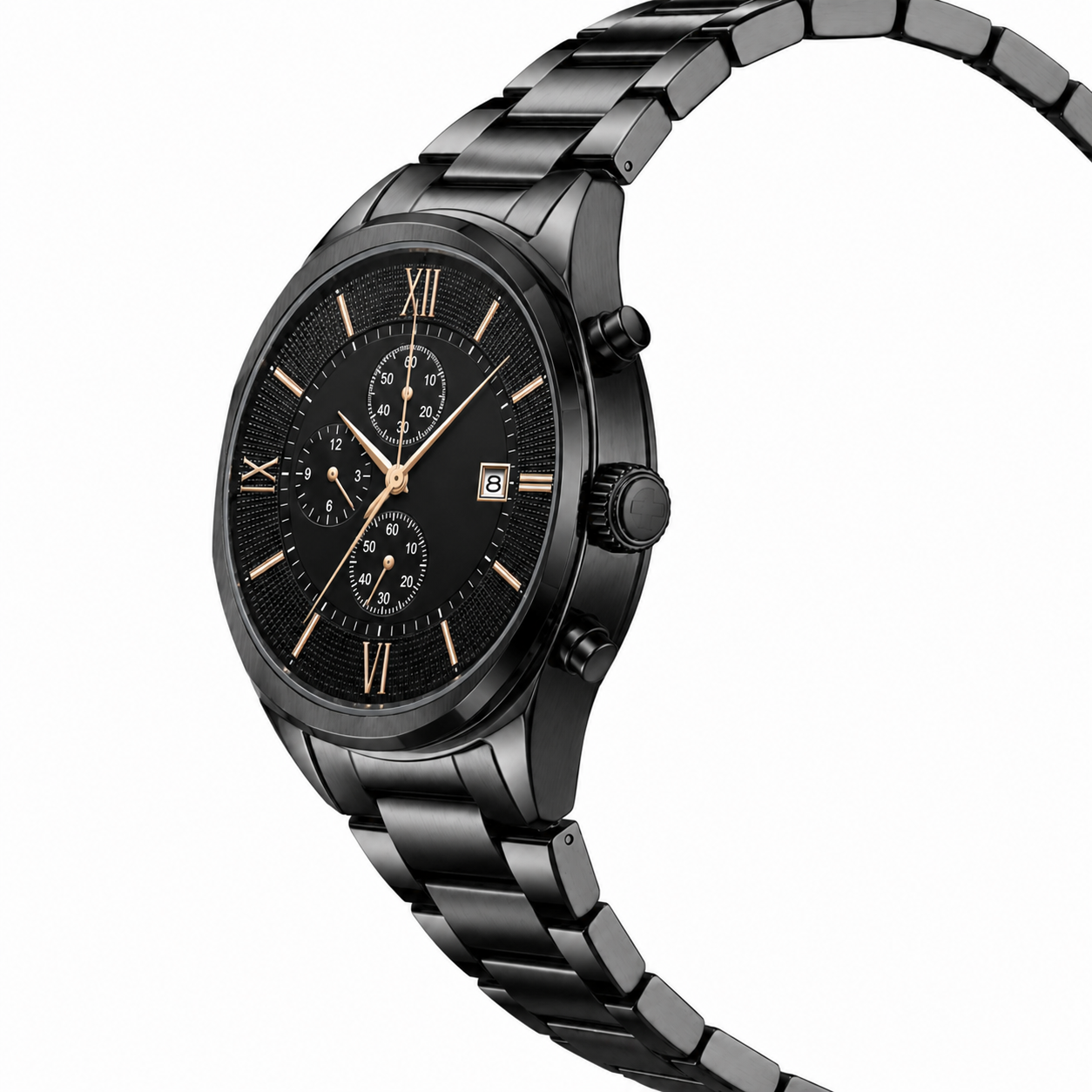 All-Black Stainless Steel Chronograph with Rose Gold Accents