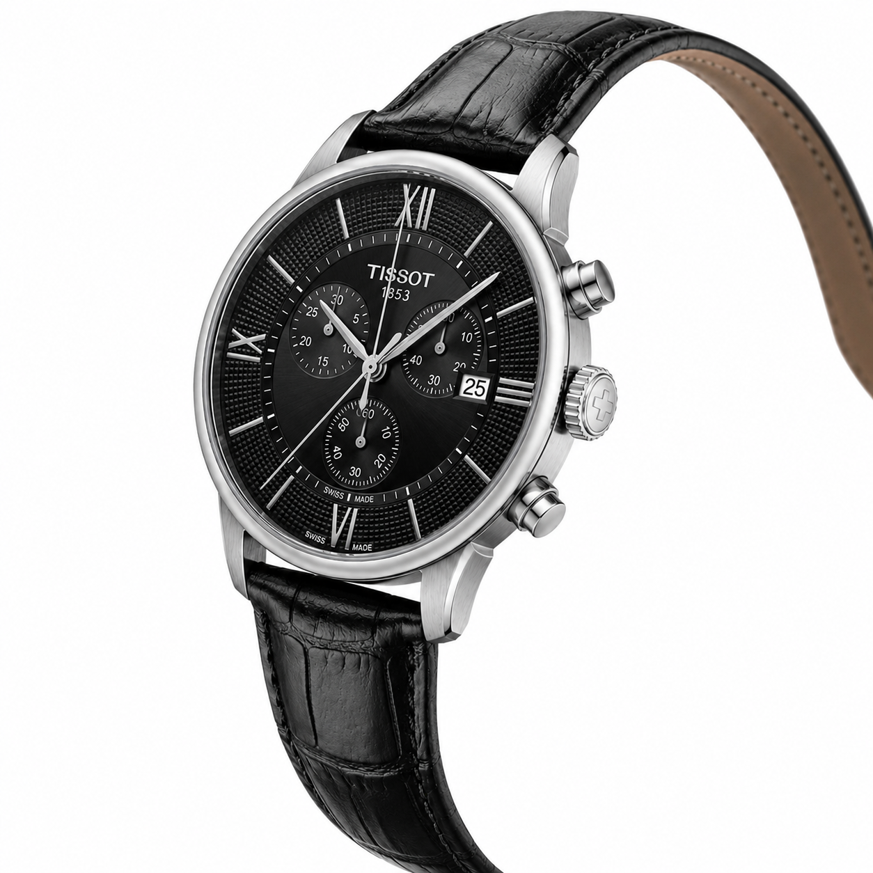 Premium Black Leather Chronograph Analog Watch with Stainless Steel Case & Date Display | Luxury Men's Wrist Watch